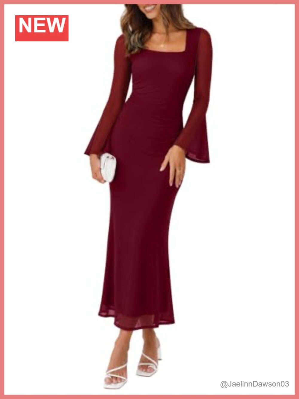 Sipaya Bodycon Maxi Dress Square Neck Sheer Long Sleeve Formal Wedding Guest